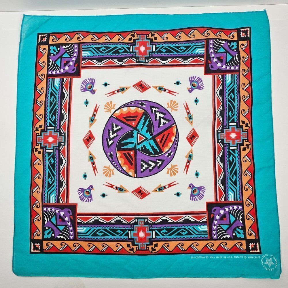 Vtg Wamcraft Southwest Tribal‎ Aztec Native American Bandanna USA Made RN14193